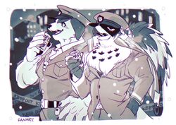  1boshi accipitrid accipitriform anthro avian beak bird canid canine canis canned_drink clothing domestic_dog duo horus_(tas) lifewonders male mammal nobumichi_(tas) police police_hat police_uniform snow tokyo_afterschool_summoners uniform 