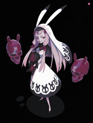  animal_ears bags_under_eyes black_background capelet deadslug dress english_commentary fake_animal_ears female gloves grin habit half-closed_eyes highres long_hair nun original pink_hair rabbit_ears red_eyes red_gloves skull skull_print smile solo stuffed_animal stuffed_toy teddy_bear white_dress 