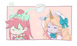  2girls arm_up blonde_hair bow bowtie brown_background cafe_cuties_(league_of_legends) cafe_cuties_sivir cafe_cuties_soraka closed_eyes drill_hair expressionless floating gloves green_bow green_bowtie grey_background grey_bow grey_gloves hairbow hand_up horns league_of_legends long_hair maid maid_headdress multiple_girls neck_ribbon official_alternate_costume open_mouth outline ponytail puffy_short_sleeves puffy_sleeves qin_da_xing red_hair ribbon short_sleeves single_horn sivir soraka_(league_of_legends) spilling twin_drills white_outline 