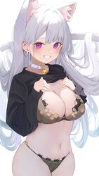  animal_ear_fluff animal_ears bell blush bra breasts cat_ears cat_girl cat_tail clothes_lift daily_(daily178900) female grin highres jingle_bell large_breasts long_hair long_sleeves looking_at_viewer navel original panties purple_eyes smile solo stomach tail underwear very_long_hair 