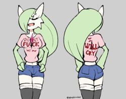  2019 ass bottomwear breasts closed_eyes clothing english_text female front_view furgonomics gardevoir generation_3_pokemon hand_on_hip marissa_(zedrin) nintendo not_furry open_mouth pokemon pokemon_(species) rear_view shirt shorts smile solo text text_on_clothing topwear zedrin 