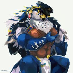  1:1 abs accipitrid accipitriform anthro avian beak bird blue_body blue_feathers bottomwear clothing cop_hat ear_piercing ear_ring feathers hi_res horus_(tas) lifewonders loincloth male pec_grope pecs petadodu piercing ring_piercing self_grope sitting solo spread_legs spreading tanned_skin tokyo_afterschool_summoners white_body white_feathers 