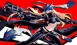  artist_request beelstarmon belt belt_collar black_belt black_footwear black_gloves black_jacket black_pants black_scarf black_vest blonde_hair blue_eyes breasts bullet collaboration collaboration_request collar commentary_request cropped_vest digimon digimon_(creature) dual_wielding female floating_hair gloves gun heterochromia high_heels holding holding_gun holding_weapon jacket kai_e large_breasts leather leather_jacket leather_pants long_hair looking_at_viewer mask navel nikusenpai open_clothes open_jacket outstretched_arms pants parted_lips red_background red_eyes scarf sidelocks smile solo sozomaika standing standing_on_one_leg stomach third_eye tight tight_pants torn_jacket two-tone_background underboob vest weapon white_background zipper 