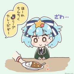  2girls :&gt; blue_background blue_hair blue_ribbon blush_stickers bow brown_eyes closed_mouth collared_shirt commentary_request curry curry_rice disembodied_hand food green_jacket hair_ornament hairbow hoshikawa_lily j._league j.league_curry jacket kurororo_rororo light_blue_hair multiple_girls neck_ribbon nikaidou_saki plate ribbon rice shirt short_eyebrows solo_focus spoon star_(symbol) star_hair_ornament striped striped_bow sweat thick_eyebrows translation_request twintails twitter_username white_shirt zombie_land_saga 