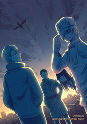  3boys belt black_hair blunt_bangs commentary_request dated dragon dutch_angle facial_hair fairy_gone free_underbar glasses gloves hair_over_one_eye happy_birthday hataraku_saibou highres jacket lens_flare long_hair maeno_tomoaki male_focus mayonaka_no_occult_koumuin multiple_boys photoshop_(medium) sakaki_kyouichi sorges tensei_shitara_slime_datta_ken twilight u-1146 veldora_(tensei_shitara_slime_datta_ken) voice_actor_connection white_blood_cell_(hataraku_saibou) 