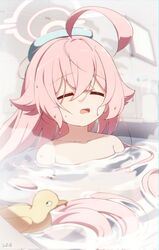  ahoge artist_name bathroom bathtub blue_archive closed_eyes commentary female halo highres hoshino_(blue_archive) liyom long_hair partially_submerged pink_hair rubber_duck symbol-only_commentary towel towel_on_head water wet 