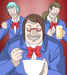  1-nichi_gaishutsuroku_hanchou 3boys alcohol beer blue_hair blue_jacket bow brown_background brown_hair chuukan_kanriroku_tonegawa clenched_hand cosplay crossover fukumoto_nobuyuki_(style) glasses hair_ornament hairclip highres houkago_saikoro_club hyougetsu_nagare isawa_kaoru jacket kaiji long_hair long_sleeves male_focus multiple_boys numakawa_takuya oono_midori oono_midori_(cosplay) ootsuki_(kaiji) red-framed_eyewear red_bow school_uniform takayashiki_aya takayashiki_aya_(cosplay) takekasa_miki takekasa_miki_(cosplay) twintails 