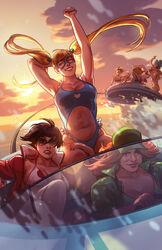  6+girls abs adapted_costume arms_up baseball_cap bikini black_hair blue_swimsuit boat breasts brown_hair cable cleavage commentary driving english_commentary extra harmageddon_yoko hat highres large_breasts lips lipstick long_hair makeup maren_marmulla multiple_girls ocean on_water one-piece_swimsuit rainbow_mika sea_spray short_hair stomach_cutout street_fighter street_fighter_v sunglasses sunset swimsuit twintails watercraft white_bikini yamato_nadeshiko_(street_fighter) 