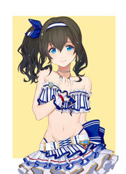  aqua_nails armband bad_id bad_pixiv_id bandeau belt black_hair blue_eyes bow chain_necklace chains clothes_pull commentary_request cowboy_shot earrings female frills groin hair_between_eyes hairband hand_on_own_chest highres idolmaster idolmaster_cinderella_girls idolmaster_cinderella_girls_starlight_stage jewelry jugemu_(qqkyon) layered_skirt long_hair looking_at_viewer midriff miniskirt nail_polish navel necklace outside_border panty_straps pleated_skirt sagisawa_fumika side_ponytail skirt skirt_pull smile solo starfish_earrings strapless striped vertical_stripes wrist_cuffs yellow_background 