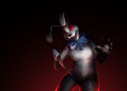  2020 anthro blue_bow_tie bow_tie breasts buckteeth cutlery female five_nights_at_freddy&#039;s five_nights_at_freddy&#039;s:_security_breach kitchen_knife kitchen_utensils knife lagomorph leporid looking_at_viewer mammal open_mouth rabbit red_sclera scottgames simple_background solo ss0v3l steel_wool_studios teeth tools vanny_(fnaf) white_body 