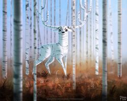  2019 antlers beady_eyes birch black_body black_eyes black_fur deer digital_media_(artwork) digital_painting_(artwork) feral fern_(plant) fur horn looking_at_viewer male mammal outside piper_thibodeau plant sky solo tree white_body white_fur 