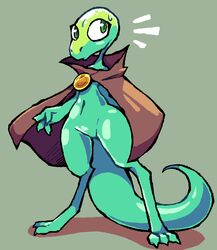  ambiguous_gender anthro cloak clothing female green_body green_eyes green_scales hi_res karma_(law) lizard mostly_nude reptile scales scalie simple_background solo tail tall thatguynamedjoe thick_tail 