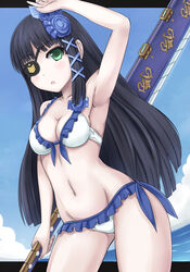  armpits bad_id bad_pixiv_id bikini black_hair breasts cleavage eyepatch female frilled_bikini frills front-tie_top green_eyes hair_ribbon long_hair medium_breasts nagisa_(psp2i) navel phantasy_star phantasy_star_portable_2 phantasy_star_portable_2_infinity picolumi ribbon side-tie_bikini_bottom solo swimsuit sword weapon 