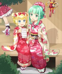  2017 4girls :d alternate_hairstyle alternate_headwear aqua_eyes blonde_hair bowl bowl_hat camellia chrysanthemum commentary_request dated doll fairy_wings floral_print flower green_eyes green_hair hair_up hakurei_reimu hat japanese_clothes kagiyama_hina kikumon kimono matching_su-san medicine_melancholy mito_tsubaki multiple_girls needle new_year no_shoes omikuji open_mouth paper porch purple_eyes purple_hair sandals short_hair smile socks su-san sukuna_shinmyoumaru tabi touhou twitter_username veranda wings zouri 