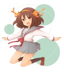  bad_id bad_pixiv_id blue_sailor_collar blue_skirt brown_eyes brown_hair female hair_ribbon hairband kinokosuke kita_high_school_uniform medium_hair orange_hairband outstretched_arms ribbon sailor_collar school_uniform serafuku skirt solo spread_arms suzumiya_haruhi suzumiya_haruhi_no_yuuutsu winter_uniform 