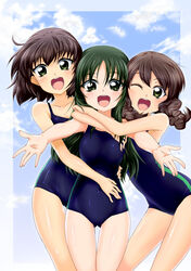  3girls black_eyes brown_hair commentary_request girl_sandwich green_eyes green_hair hug long_hair minashiro_tsubaki multiple_girls nishio_rina one-piece_swimsuit one_eye_closed sandwiched school_swimsuit short_hair soukyuu_no_fafner swimsuit tatekami_seri yakisoba_(kaz2113) 