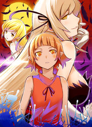  3girls bakemonogatari blonde_hair blush_stickers breasts commentary_request feathers full_moon hair_ribbon highres kiss-shot_acerola-orion_heart-under-blade kizumonogatari large_breasts long_hair monogatari_(series) moon multiple_girls multiple_persona oshino_shinobu pointy_ears ribbon short_hair sleeveless smile yellow_eyes yuki_mizore 