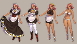  apron azusa_(hws) bandana bare_shoulders bike_shorts boots bra breasts cleavage commentary_request corset costume_chart crop_top female frilled_bra frilled_panties frills full_body gargantia_contest halterneck highres large_breasts maid maid_headdress midriff multiple_views panties pink_hair red_eyes short_hair smile suisei_no_gargantia thighhighs underwear underwear_only variations white_bra white_legwear white_panties zettai_ryouiki 