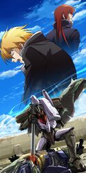  2boys ashi_ura blonde_hair break_blade character_request cloud commentary_request day delphine_(break_blade) girge highres holding holding_sword holding_weapon long_hair male_focus mecha multiple_boys red_hair robot rygart_arrow sky sword weapon 