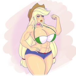  1girls annon applejack_(mlp) big_breasts bimbo blonde_hair breasts choker cleavage equestria_girls female flexing friendship_is_magic hair humanized long_hair looking_at_viewer muscles muscular my_little_pony shorts smile smiling smooth_skin solo thick_thighs very_long_hair voluptuous wide_hips 