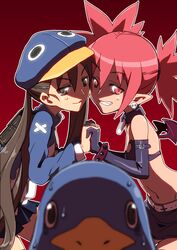  2girls backpack bad_id bad_pixiv_id bag bat_wings blue_hat blurry breasts brown_eyes brown_hair cabbie_hat demon_girl depth_of_field disgaea earrings elbow_gloves etna_(disgaea) gloves grin hat highres holding_hands interlocked_fingers jewelry kaeru_kenshi kazamatsuri_fuuka makai_senki_disgaea_4 mini_wings multiple_girls myourenji oerba_yun_fang pointy_ears prinny red_eyes red_hair skull slit_pupils small_breasts smile studded_bracelet twintails wings 