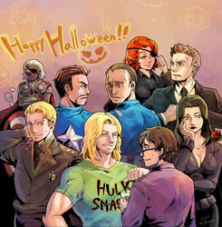  avengers black_hair black_widow black_widow_(cosplay) blonde_hair breasts bruce_banner captain_america captain_america_(cosplay) cleavage clint_barton cosplay costume_swap costume_switch dark_skin green_nails halloween happy_halloween hulk_(cosplay) marvel mcu multiple_boys nail_polish natasha_romanoff nick_fury red_hair steve_rogers thor_(marvel) tony_stark white_hair 