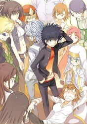  4boys 6+girls a_certain_high_school_uniform accelerator_(toaru_majutsu_no_index) alternate_breast_size black_choker black_hair blonde_hair breasts brown_hair choker diagonal-striped_shirt diagonal_stripes fukiyose_seiri gakuran habit haimura_kiyotaka himegami_aisa index_(toaru_majutsu_no_index) kamijou_touma kanzaki_kaori large_breasts last_order_(toaru_majutsu_no_index) long_hair medium_breasts medium_hair misaka_misuzu multiple_boys multiple_girls non-web_source novel_illustration nun official_art petite red_hair school_uniform shirt sleeves_rolled_up striped_clothes striped_shirt toaru_majutsu_no_index toaru_majutsu_no_index:_old_testament tsuchimikado_motoharu tsukuyomi_komoe white_hair yomikawa_aiho 