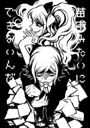  1boy black_background bracelet commentary_request danganronpa_(series) danganronpa_3_(anime) dated den1208 enoshima_junko female formal from_above greyscale hair_ribbon interlocked_fingers jewelry long_hair looking_at_viewer looking_down mitarai_ryota monochrome paper ribbon signature simple_background suit sweat twintails 