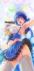  armpits blue_eyes blue_hair blush breasts commentary_request cowboy_shot female from_below garter_straps glasses hat highres huge_breasts idol kiyama_satoshi microphone navel open_mouth outstretched_arm red-framed_eyewear skirt solo stage_lights sunshine_creation sweat thighhighs white_thighhighs 