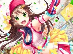  bad_id bad_pixiv_id baseball_cap belt breasts brown_hair cleavage commentary_request detached_sleeves female fuusha green_eyes hair_ornament hairclip hat himekawa_yuki idolmaster idolmaster_cinderella_girls long_hair medium_breasts midriff navel open_mouth pom_pom_(cheerleading) skirt smile 