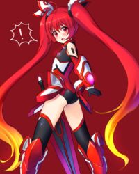  ! ass blush bodysuit elbow_gloves female flat_chest gloves hair_ornament leotard long_hair looking_back mitsuka_souji nemuri_miyako open_mouth ore_twintail_ni_narimasu red_eyes red_hair rule_63 sword tail_red tailred thighhighs twintails very_long_hair weapon 