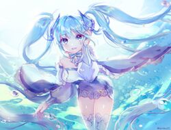  air_bubble aqua_hair bad_id bad_pixiv_id blue_eyes bubble commentary_request cowboy_shot dress female floating_hair hatsune_miku leaning_forward long_hair ruffling_hair sandeul solo submerged thighhighs twintails underwater underwear very_long_hair vocaloid 