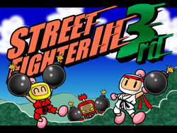  3boys akuma_(street_fighter) akuma_(street_fighter)_(cosplay) bomb bomberman casa chibi commentary_request cosplay dougi explosive headband ken_masters ken_masters_(cosplay) multiple_boys ryu_(street_fighter) ryu_(street_fighter)_(cosplay) street_fighter street_fighter_iii_(series) white_bomberman 