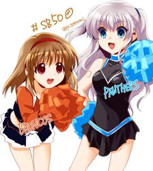  2girls blue_eyes brown_hair carolina_panthers charlotte_(anime) cheerleader commentary_request company_connection crossover denver_broncos grey_hair hairband kanon key_(company) long_hair multiple_girls national_football_league pom_pom_(cheerleading) red_eyes satomi_yoshitaka short_hair tomori_nao tsukimiya_ayu twitter_username two_side_up 