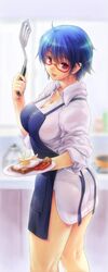  apron black_panties blue_hair bread bread_slice breakfast breasts commentary_request egg_(food) female food fried_egg glasses hall_c_(sunshine_creation) highres kiyama_satoshi kneepits large_breasts looking_at_viewer panties red-framed_eyewear sausage see-through semi-rimless_eyewear short_hair solo spatula standing sunshine_creation toast tongue tongue_out under-rim_eyewear underwear 