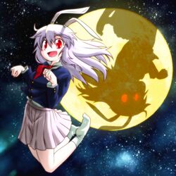  animal_ears blazer commentary_request female full_moon glowing glowing_eyes jacket jumping moon necktie night paw_pose pleated_skirt r-18_jii rabbit_ears rabbit_pose red_eyes red_necktie reisen_udongein_inaba shadow skirt sky smile socks solo star_(sky) starry_sky touhou white_socks 