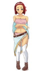  bare_shoulders belt blue_eyes blush breast_hold breasts commentary_request female full_body gargantia_contest hairband highres iga_tamaki large_breasts looking_at_viewer midriff navel original red_hair short_hair smile solo standing stomach strapless suisei_no_gargantia thighhighs white_background white_thighhighs 