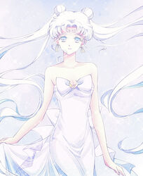  back_bow bad_id bad_pixiv_id bare_shoulders bishoujo_senshi_sailor_moon bishoujo_senshi_sailor_moon_(first_season) bow crescent crescent_brooch crescent_facial_mark crescent_pin double_bun dress earrings facial_mark female floating_hair forehead_mark hair_bun jewelry light_smile long_hair looking_at_viewer parted_bangs queen_serenity saki_(hxaxcxk) sparkle strapless strapless_dress twintails very_long_hair white_dress white_eyes white_hair white_theme 