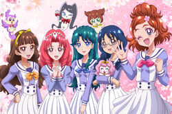  5girls :d ;d akagi_towa amanogawa_kirara aroma_(go!_princess_precure) bird black_hair blue_bow blue_eyes blue_hair blush bow braid brown_hair canine commentary_request cowboy_shot creature crown_braid floral_background glasses go!_princess_precure grey-framed_eyewear hairband hanzou happy haruno_haruka kaidou_minami kuroro_(go!_princess_precure) long_hair looking_at_viewer miss_siamour multiple_girls nanase_yui noble_academy_school_uniform one_eye_closed open_mouth orange_bow own_hands_clasped own_hands_together pink_background pink_bow precure puff_(go!_princess_precure) red_eyes red_hair school_uniform short_hair skirt smile twintails white_skirt 