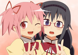  2girls akemi_homura bad_id bad_pixiv_id black_hair blush braid glasses goro hairband kaname_madoka mahou_shoujo_madoka_magica mahou_shoujo_madoka_magica_(anime) mitakihara_school_uniform multiple_girls one_eye_closed pink_eyes pink_hair puffy_sleeves red-framed_eyewear school_uniform short_twintails spoilers twin_braids twintails upper_body v 