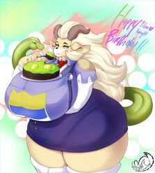  2016 anthro big_breasts black_nose breasts brown_body brown_fur cake chimera claws closed_eyes clothed clothing curvy_figure dessert eating european_mythology female food fur greek_mythology green_body green_eyes green_skin hair hi_res horn huge_breasts hyper living_tail long_hair looking_at_viewer meganemausu mythological_chimera mythological_creature mythology necktie non-mammal_breasts reptile scalie shirt snake snake_tail solo standing suspenders tail thick_thighs tight_clothing topwear unusual_anatomy unusual_tail voluptuous white_body white_fur white_hair 