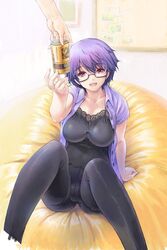  :d arm_support bean_bag_chair black_pantyhose breasts can commentary_request female glasses hall_c_(sunshine_creation) kiyama_satoshi large_breasts open_mouth outstretched_hand pantyhose purple-framed_eyewear purple_eyes red_eyes semi-rimless_eyewear smile solo sunshine_creation under-rim_eyewear 