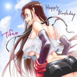  ass back breasts brown_hair character_name earrings elbow_gloves erect_nipples female final_fantasy final_fantasy_vii gloves happy_birthday huge_breasts jewelry long_hair red_eyes solo tifa_lockhart torimeiro underboob very_long_hair 