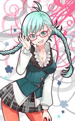  adjusting_eyewear bad_id bad_pixiv_id braid breasts bubuki_buranki cleavage contrapposto cowboy_shot female frills glasses green_eyes green_hair grin hand_on_own_thigh long_hair looking_at_viewer medium_breasts ougi_kinoa pantyhose plaid plaid_skirt pleated_skirt red-framed_eyewear red_pantyhose semi-rimless_eyewear skirt smile solo soraneko_(soraironeko28) standing twin_braids under-rim_eyewear 