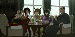  1boy 4girls alcohol alternate_costume antimacassar arm_support armchair bad_id bad_pixiv_id bare_shoulders black_hair blonde_hair blush bottle brown_eyes brown_hair bucket cabinet chair commentary_request cup curtains dark-skinned_female dark_skin drinking_glass drunk floral_print flower furisode glass glasses green_eyes grey-framed_eyewear grin hair_between_eyes hair_flower hair_ornament headgear highres holding holding_cup ice ice_cube indoors jack_daniel&#039;s japanese_clothes kantai_collection kanzashi kimono leaning_forward light_frown long_hair long_sleeves looking_at_another medal multiple_girls musashi_(kancolle) mutsu_(kancolle) nagato_(kancolle) obi off_shoulder one_eye_closed ooku pale_skin pitcher_(container) print_kimono product_placement profile real_life red_eyes sake_bottle sash semi-rimless_eyewear sitting smile suntory table tree two_side_up vodka wallpaper_(object) whiskey white_hair wide_sleeves wince window winter yamato_(kancolle) yonai_mitsumasa 