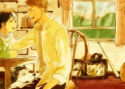  2boys aged_down baseball_bat blonde_hair book brown_hair canine chair closed_eyes commentary_request father_and_son ginoza_nobuchika gloves headpat masaoka_tomomi multiple_boys necktie psycho-pass short_hair smile van_(hughjackman19681012) window 