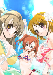  3girls arm_up bikini blush bracelet breasts commentary_request day frapowa frilled_bikini frills jewelry koizumi_hanayo kosaka_honoka large_breasts long_hair love_live! love_live!_school_idol_project medium_breasts minami_kotori multicolored_stripes multiple_girls open_mouth printemps_(love_live!) short_hair side-tie_bikini_bottom smile striped_bikini striped_clothes swimsuit 