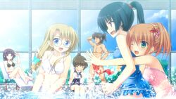  game_cg gekitama! glasses miyamoto_kikka natsuki_shuri sasaki_rin swimsuit tsukahara_yurina water 