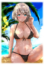  :o arm_support bikini black_bikini blue_eyes breasts cleavage commentary_request cowboy_shot female flower front-tie_top hakuaki highres looking_at_viewer medium_breasts navel original outdoors palm_tree short_hair side-tie_bikini_bottom silver_hair sitting skindentation solo striped_bikini striped_clothes swimsuit tree 