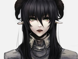  bad_id bad_pixiv_id black_hair commentary demon_horns earrings female hair_between_eyes horns jewelry long_hair looking_at_viewer original parted_lips sakurazensen simple_background solo teeth yellow_eyes 